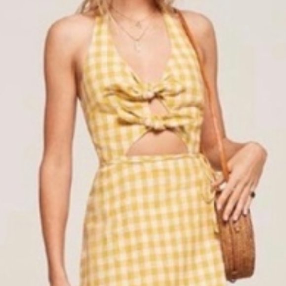 Vintage Reformation Yellow Gingham Halter Front Tie Dress Small 6 - Picture 5 of 6